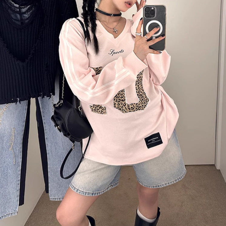 Retro Leopard Letter Long-Sleeve Loose Sweater Top
