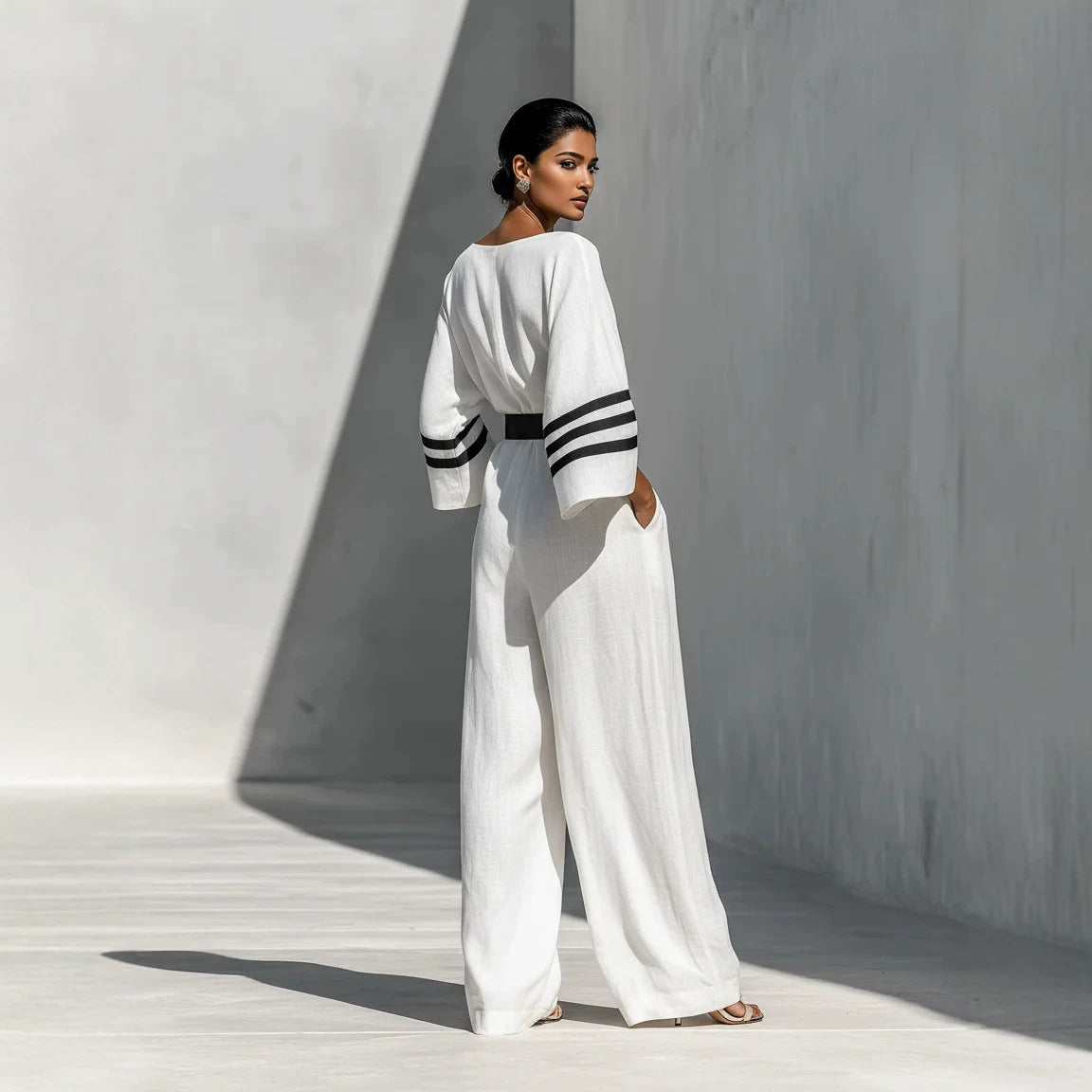 Linen-blend Minimalist Resort-style Wide-leg Jumpsuit