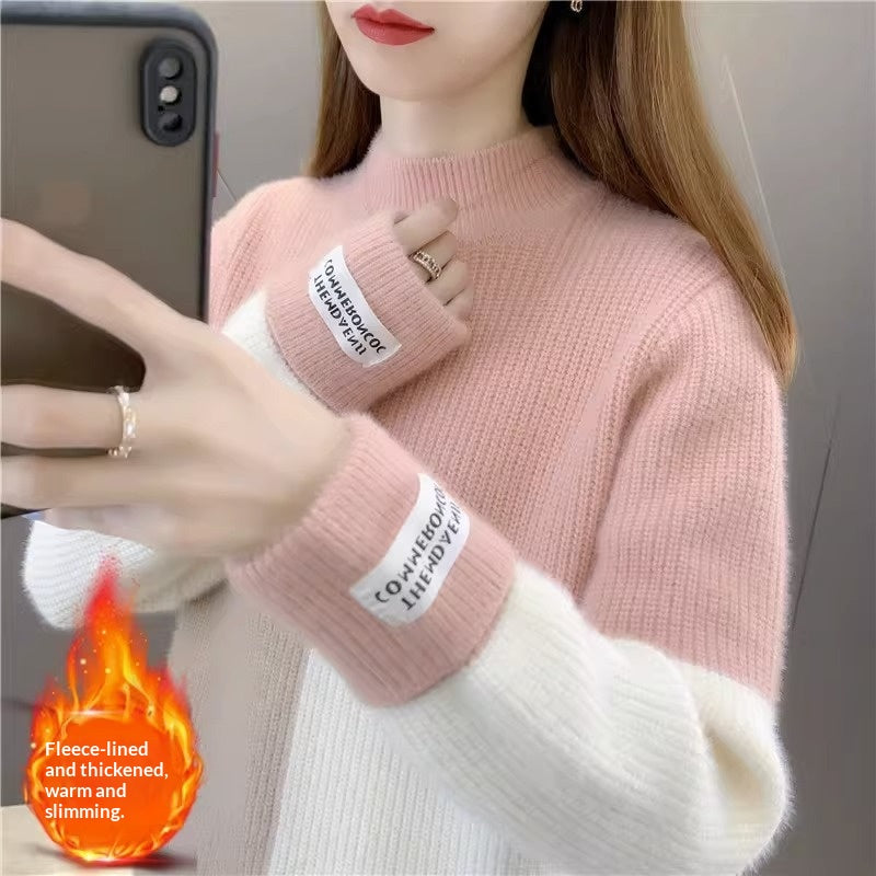 Womens High-waisted Colorblock Mink-blend Sweater