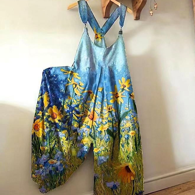 Womens Floral-Print Loose Casual Suspender Jumpsuit With Buckles