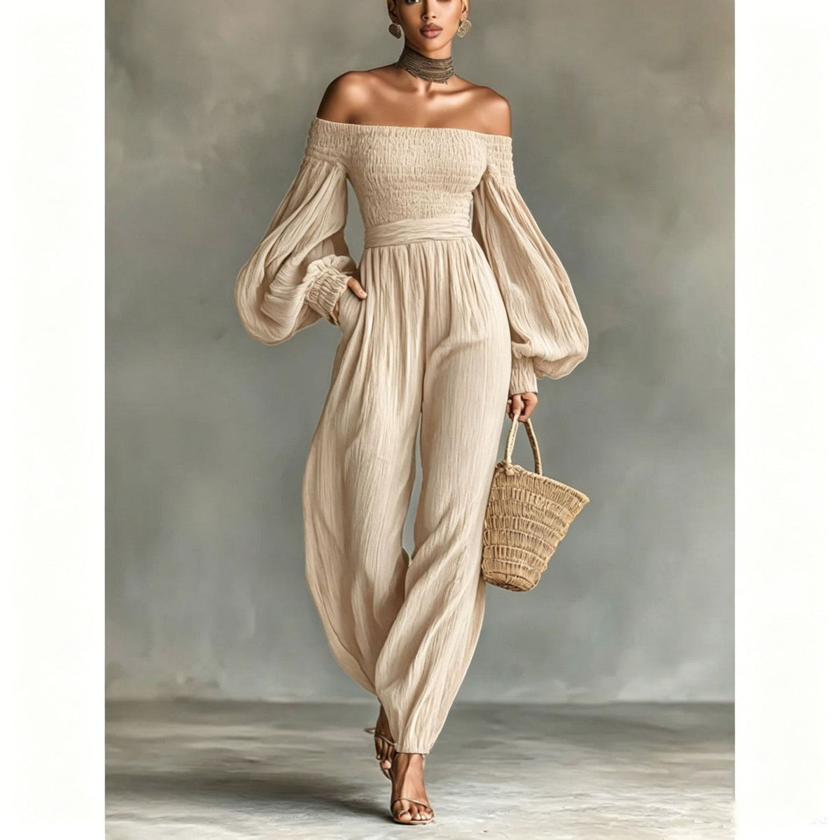 Elegant Off-Shoulder Pleated Long-Sleeve Jumpsuit