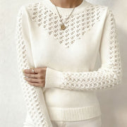 Womens Hollow-out Knitted Sweater with a Crew Neck and Long Sleeves, Slim-fit Design