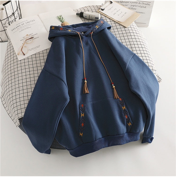 Korean Style Geometric Embroidered Loose Hoodie