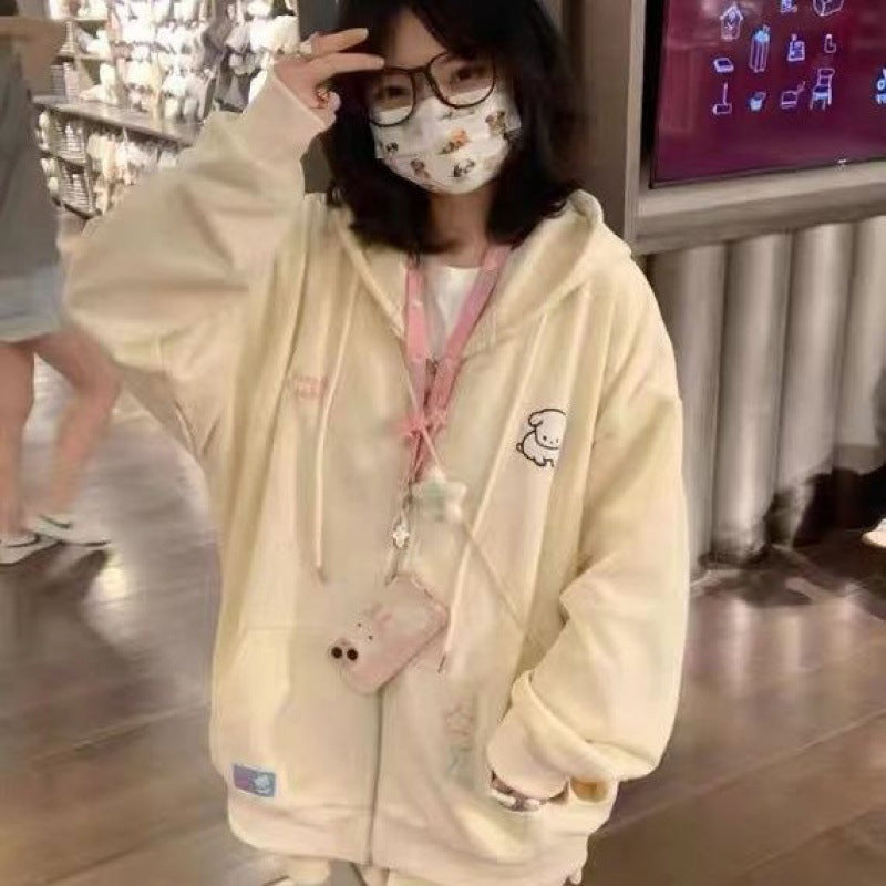 Cute Dog Embroidered Loose Hooded Cardigan for Women