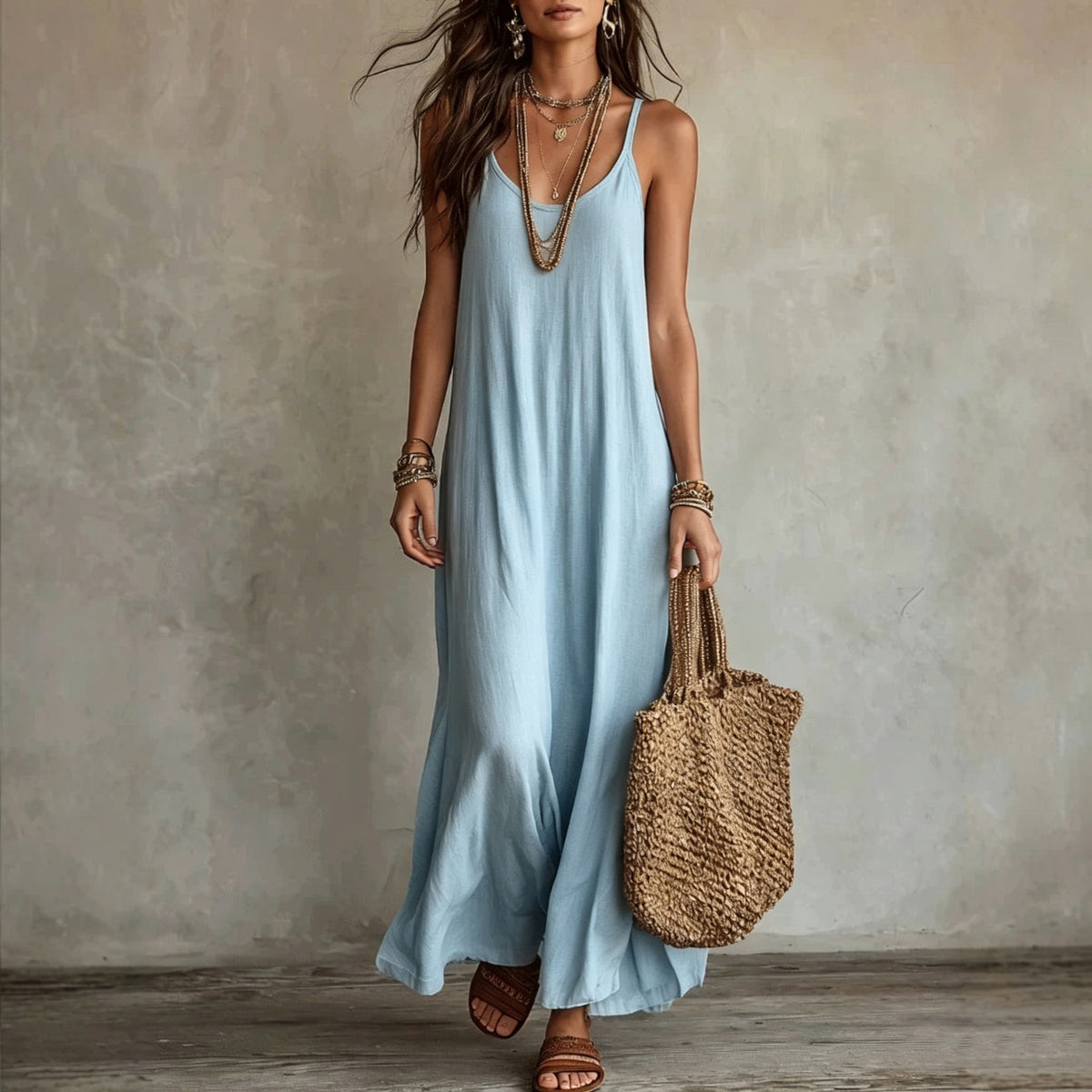 Womens Bohemian Loose-fit Solid-color Dress