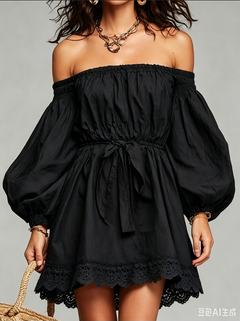 Bohemian Black Off Shoulder Bubble Sleeve Short Dress with Crochet Trim