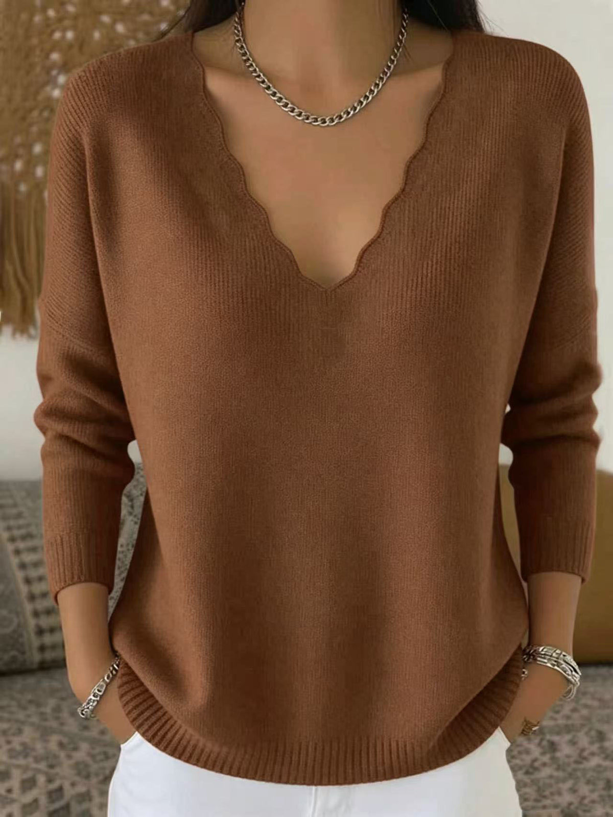 Solid-color Casual Knitted V-neck Loose Sweater