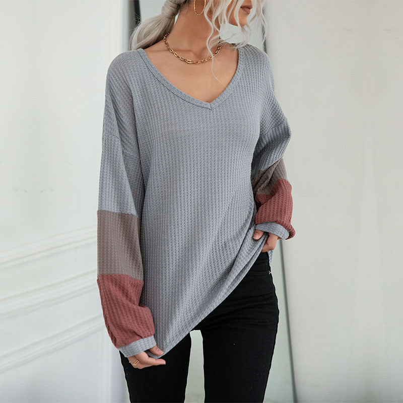Chic Colorblock Waffle V-Neck Knit Pullover Top