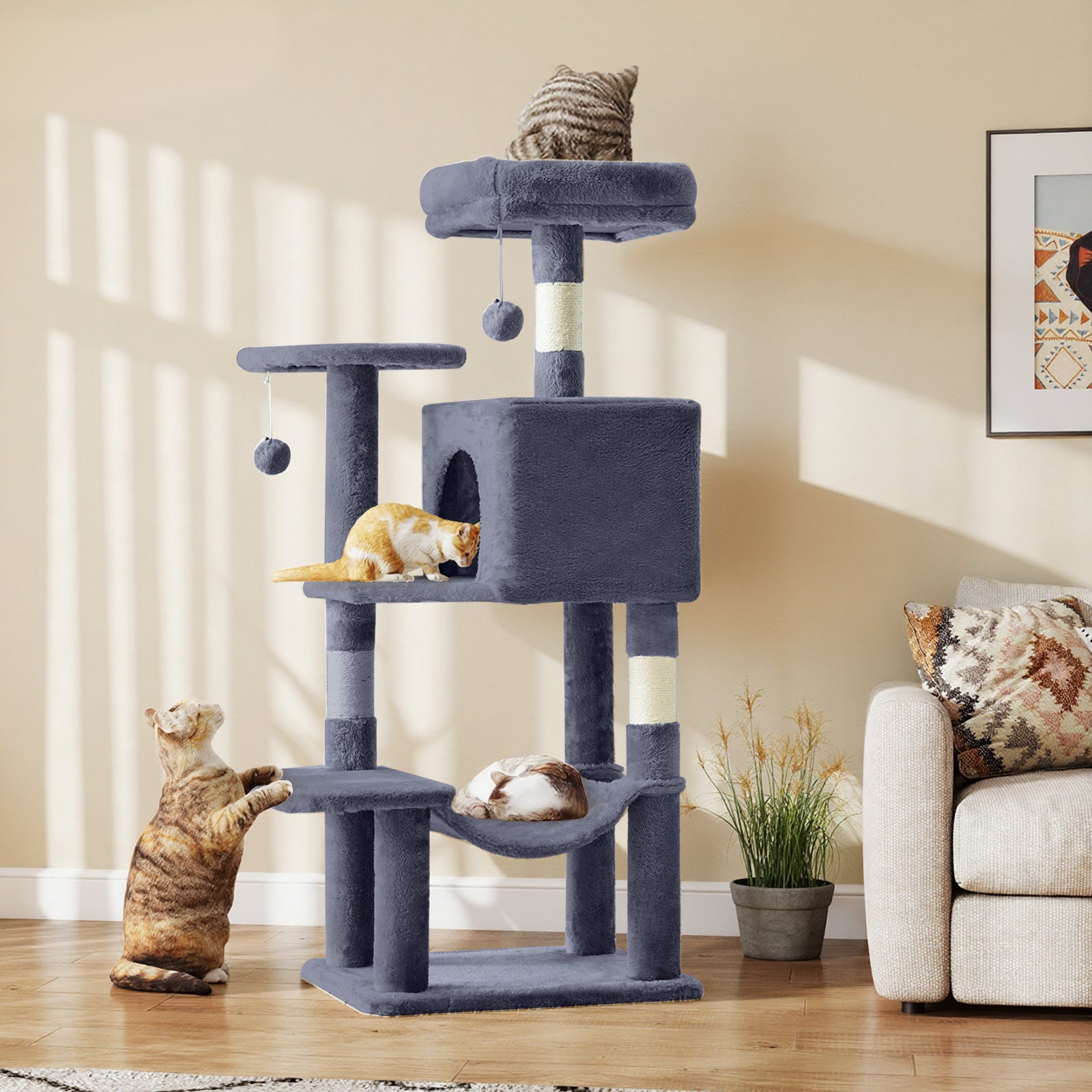 Jhk 44-Inch Multi-Cat Tree Tower With Condo & Hammock - Natural Sisal Scratching Posts, Perches, Pet House For Indoor Cats, Beige/Gray/Light Gray/Pink/Black&Red