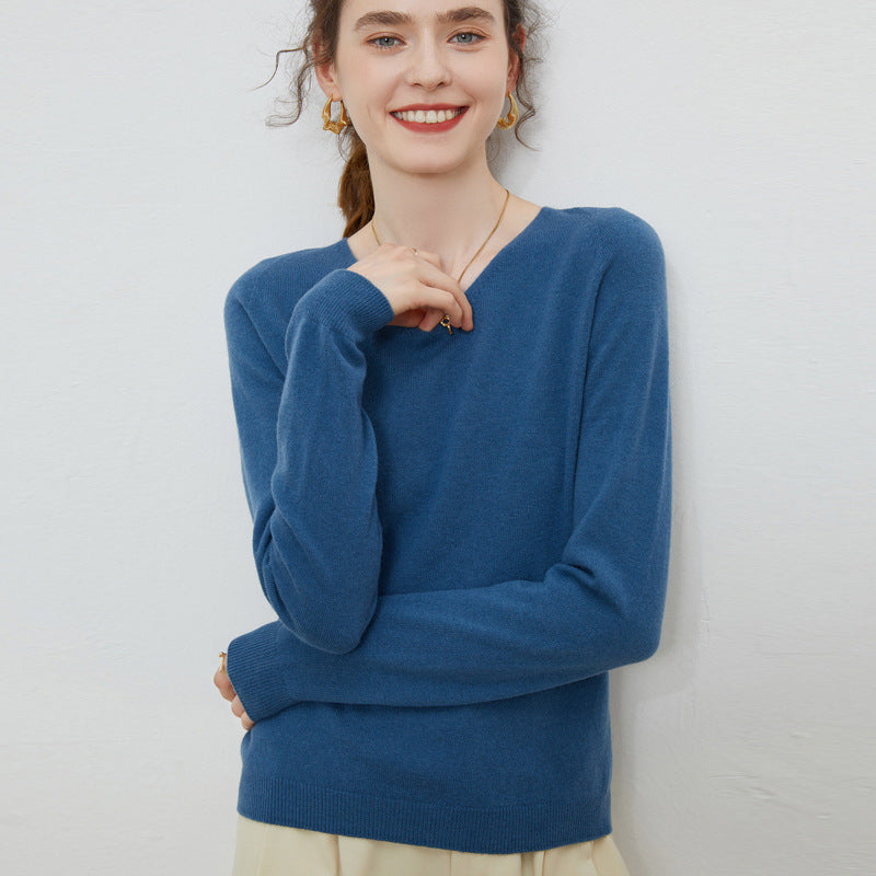 Pure Wool V-Neck Long-Sleeve Sweater for Women