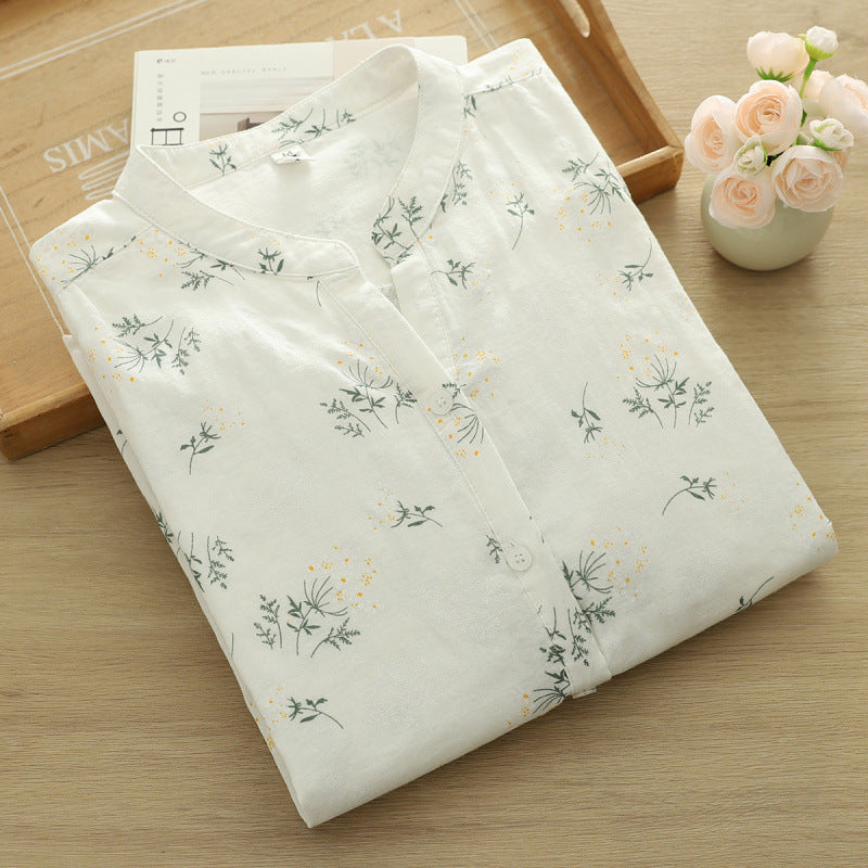 V-neck Small Floral Print Short-sleeve Womens Cotton Blouse With Polka Dots