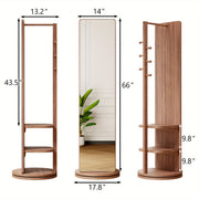 360° Rotating Full-length Mirror, Full-length Solid Wood Floor Mirror with Coat Rack Mirror with Storage with Storage Rack, Bag, Hat, Shoes, Suitable for Bedroom, Entrance Hall, Living Room