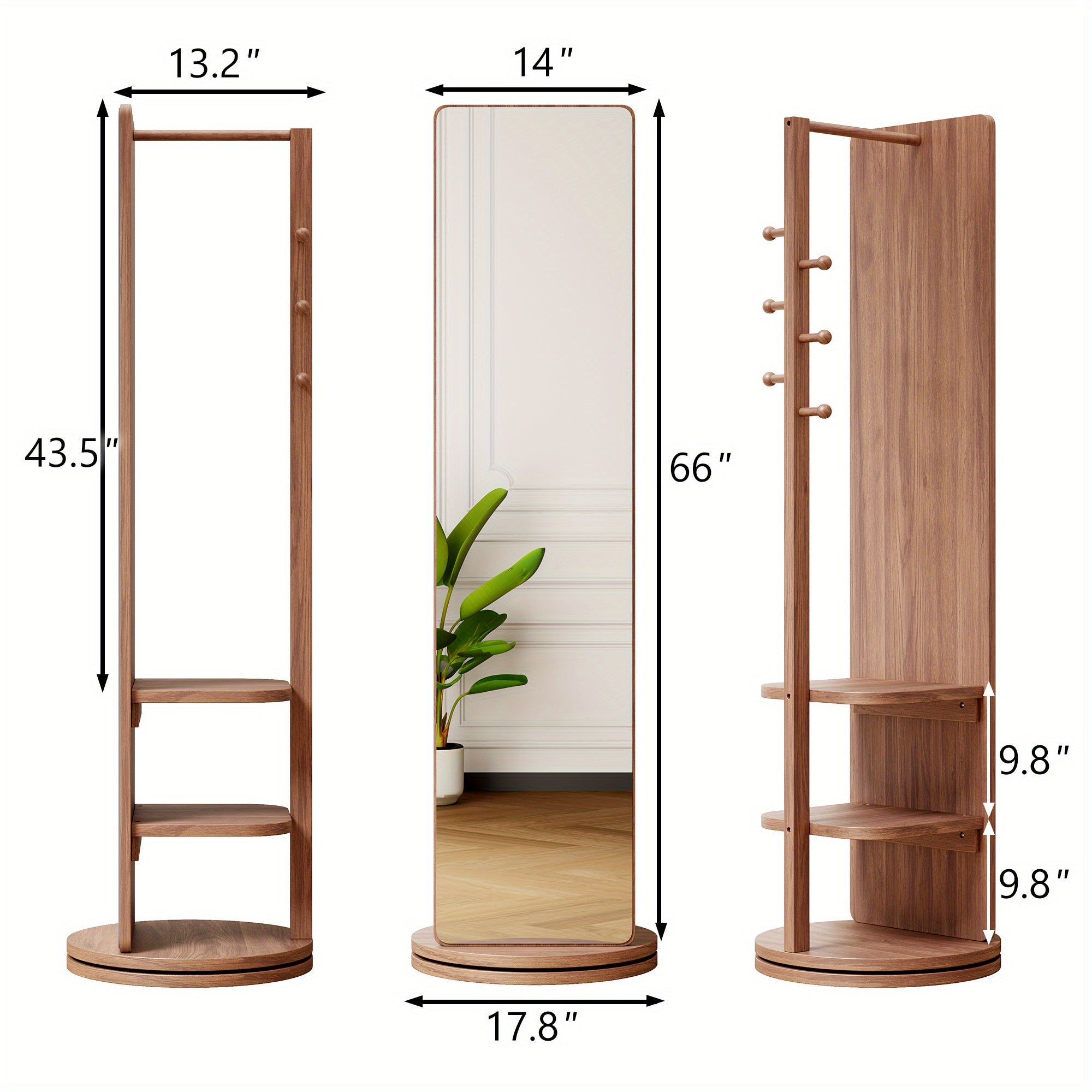 360° Rotating Full-length Mirror, Full-length Solid Wood Floor Mirror with Coat Rack Mirror with Storage with Storage Rack, Bag, Hat, Shoes, Suitable for Bedroom, Entrance Hall, Living Room