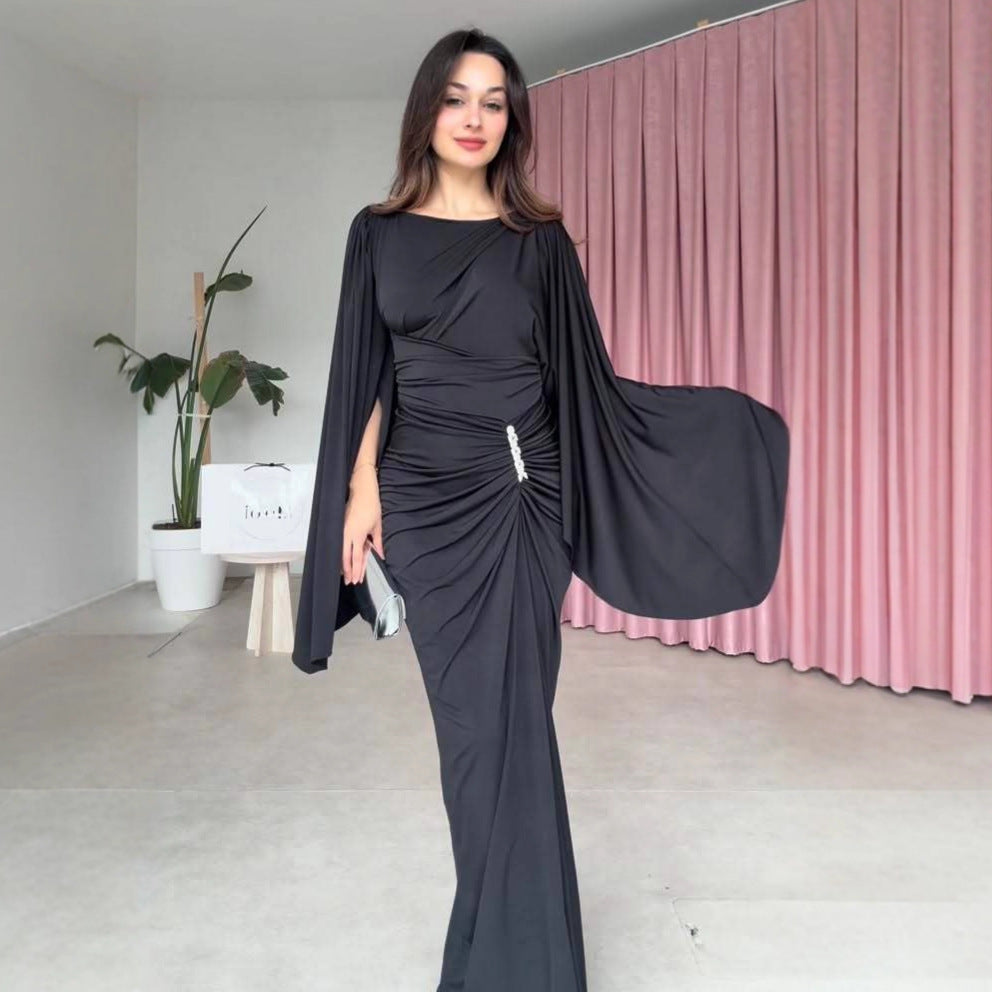 Womens Flared Long-sleeve Pleated Waist-cinched Dress