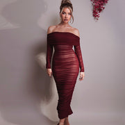 Mesh Off Shoulder Pleated Dress
