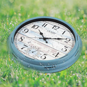 16 Inch Large Outdoor Clock Retro Clock Non-Ticking Clock with Thermometer Battery Operated Wall Clock for Patio, Garden, Pool
