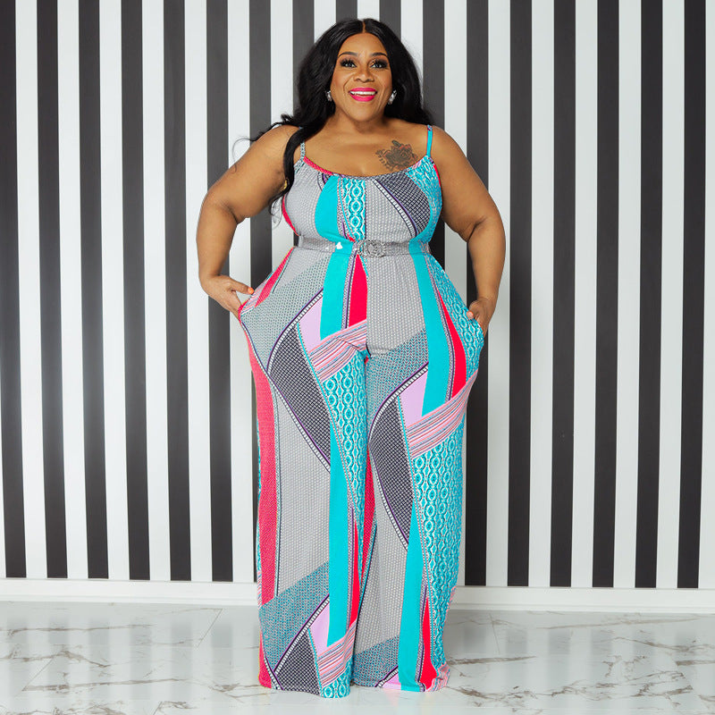 Plus Size Abstract Print Maxi Slip Overalls with Pockets