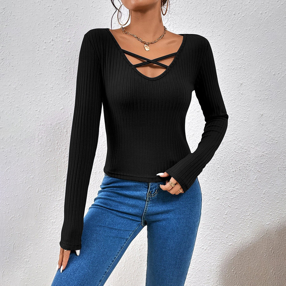 Slim-Fit Long Sleeve Top for Women – Elegant Lace‑Up, Wrinkle‑Resistant