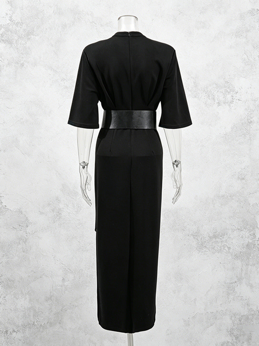 Contrast Lace Corset Panel Midi Bodycon Dress with Wide Belt