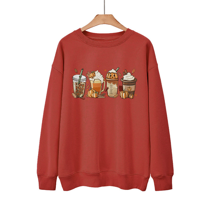 Pumpkin Coffee Halloween Casual Loose Pullover Sweatshirt