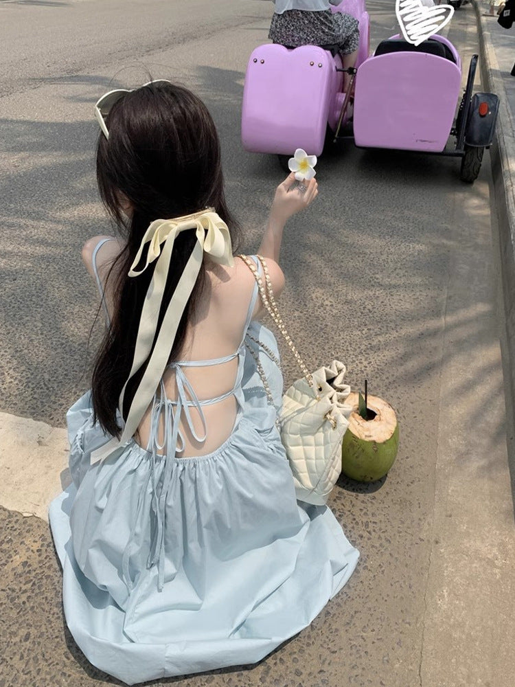 Strap A-line Long Dress French-style Elegant Slip Dress