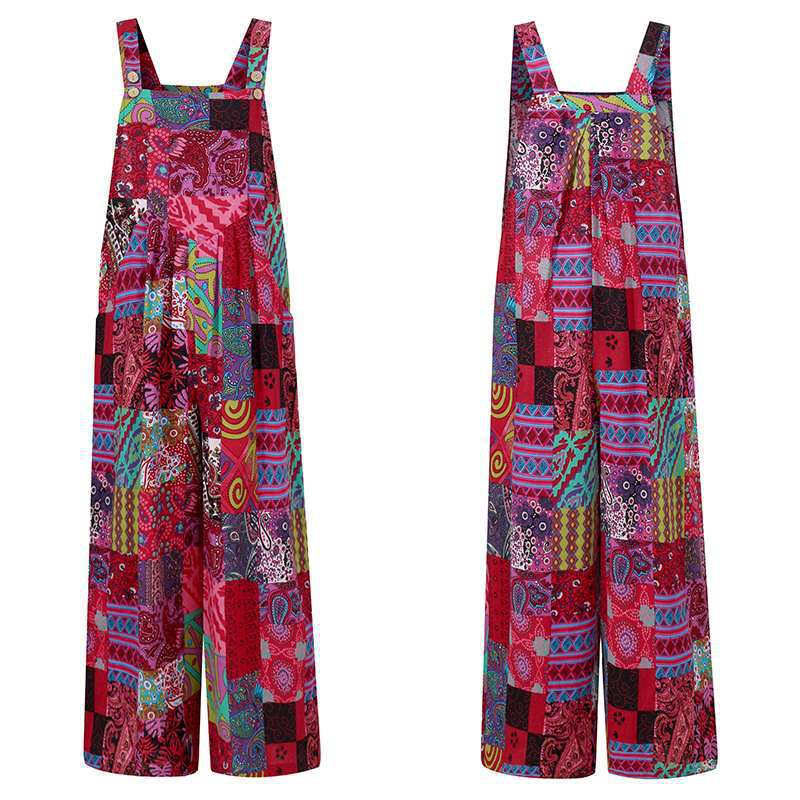 Women's Ethnic Print Button Suspender Jumpsuit