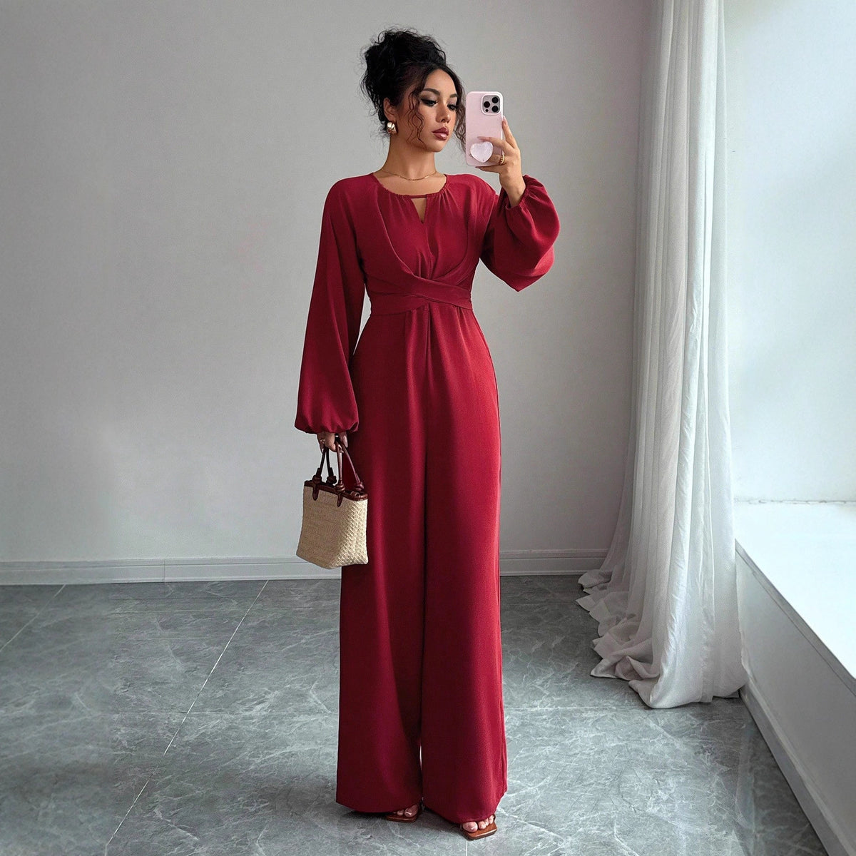 Elegant Square Neck Wide-Leg Jumpsuit with Puffed Sleeves