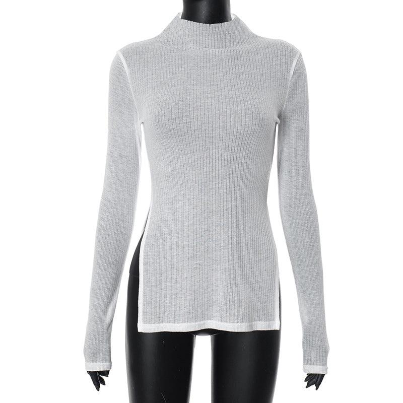 Turtleneck Long Sleeve Split Rib Knitted T-shirt