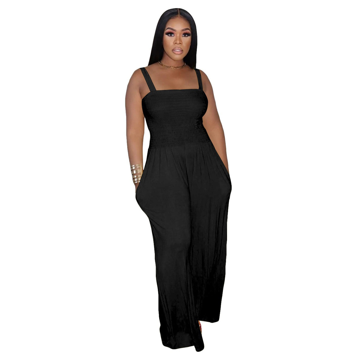 Casual Solid Color Strap Tube Top Wide Leg Jumpsuit