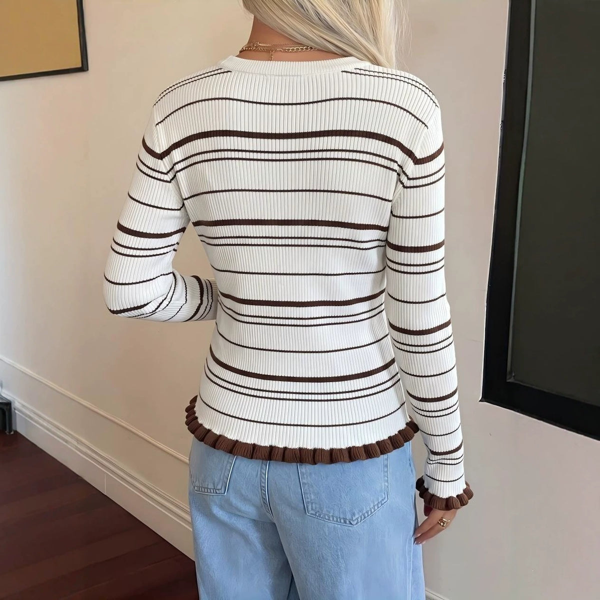 Cross-border Knitted Sweater Striped Ruffled-edge Knit Cardigan Round-neck Single-breasted Slimming and Versatile Top