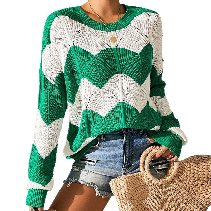 Womens Loose-fit Crew-neck Color-block Striped Long-sleeve Sweater