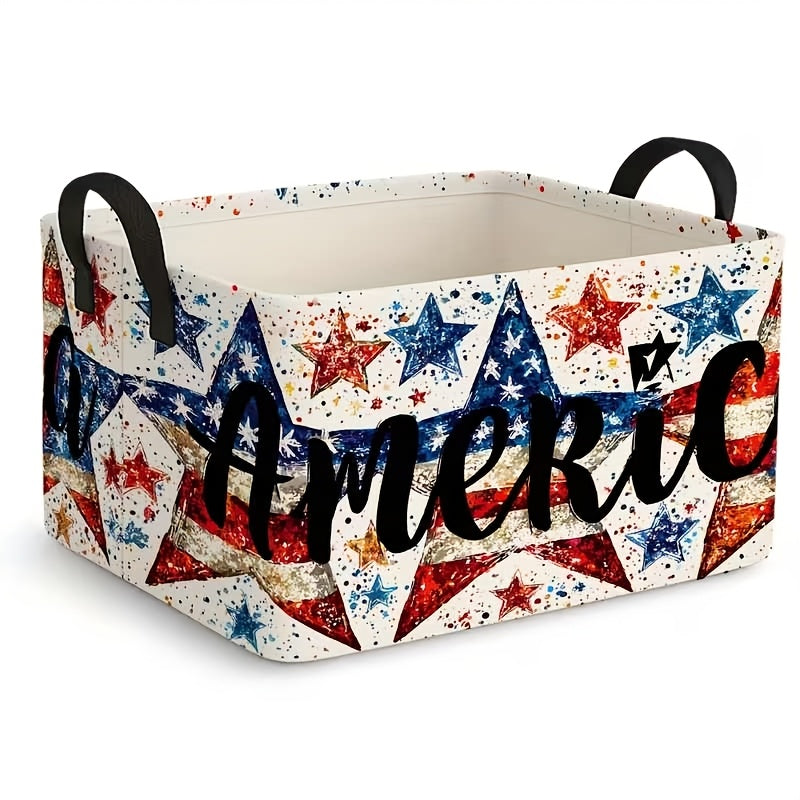Foldable American Flag Storage Basket with Handle – Patriotic July 4th Laundry Basket for Clothes, Blankets and Party Decor