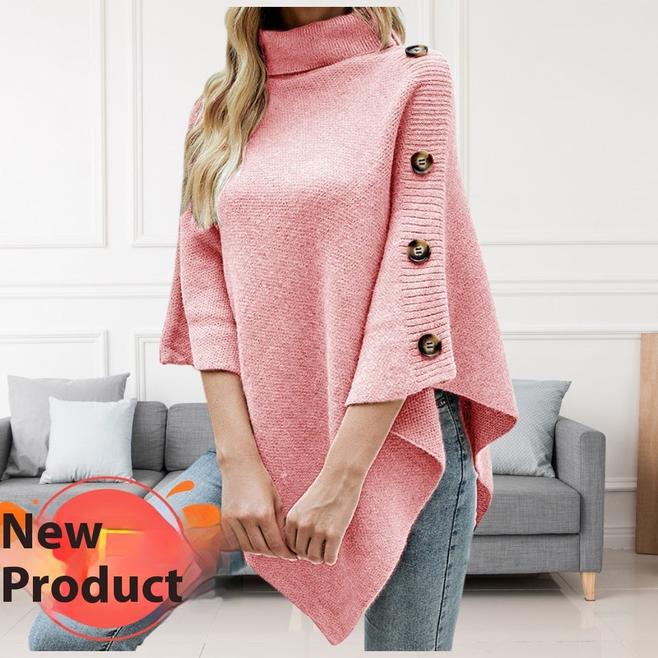 Autumn and Winter New Solid Color Turtleneck Shawl Cape Slit Knit Sweater