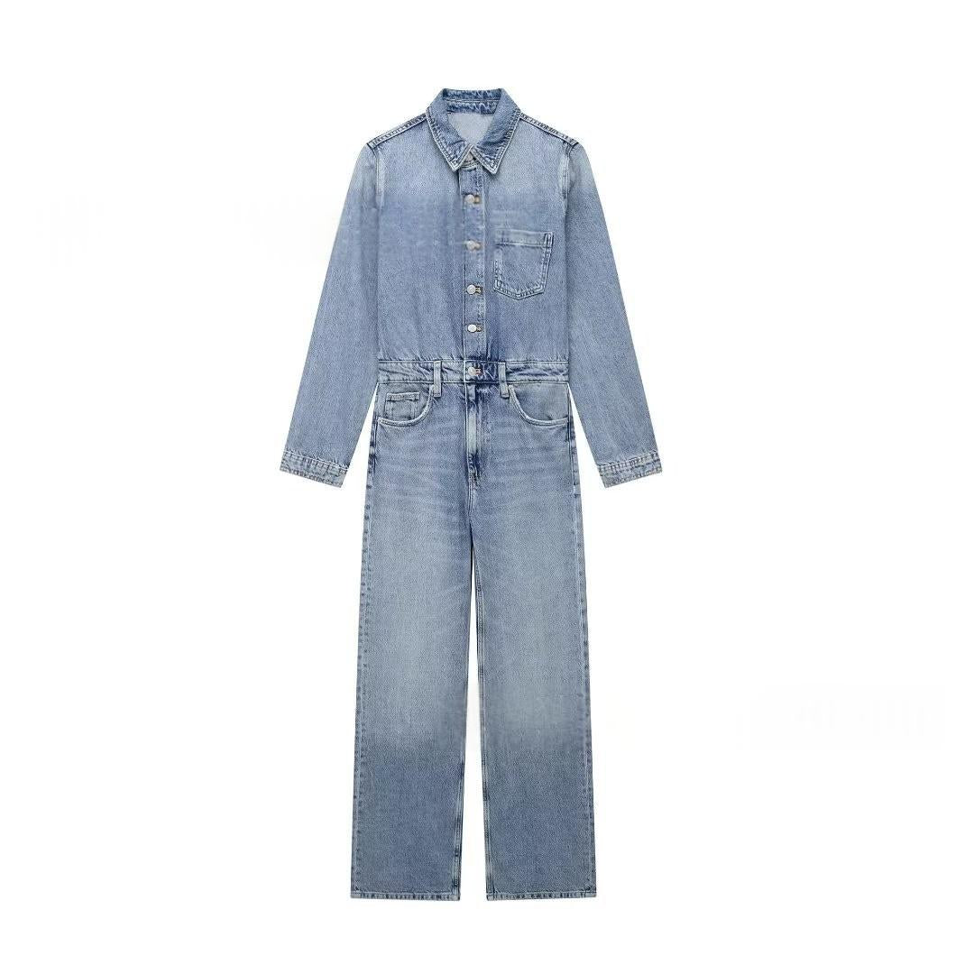 Women's Stylish Denim Long Jumpsuit with Turn-Down Collar