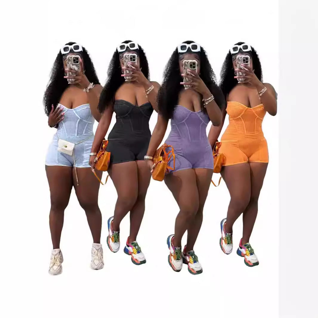 Hot Girl Sleeveless Strap Tube Top Tight One-piece Pocket Shorts