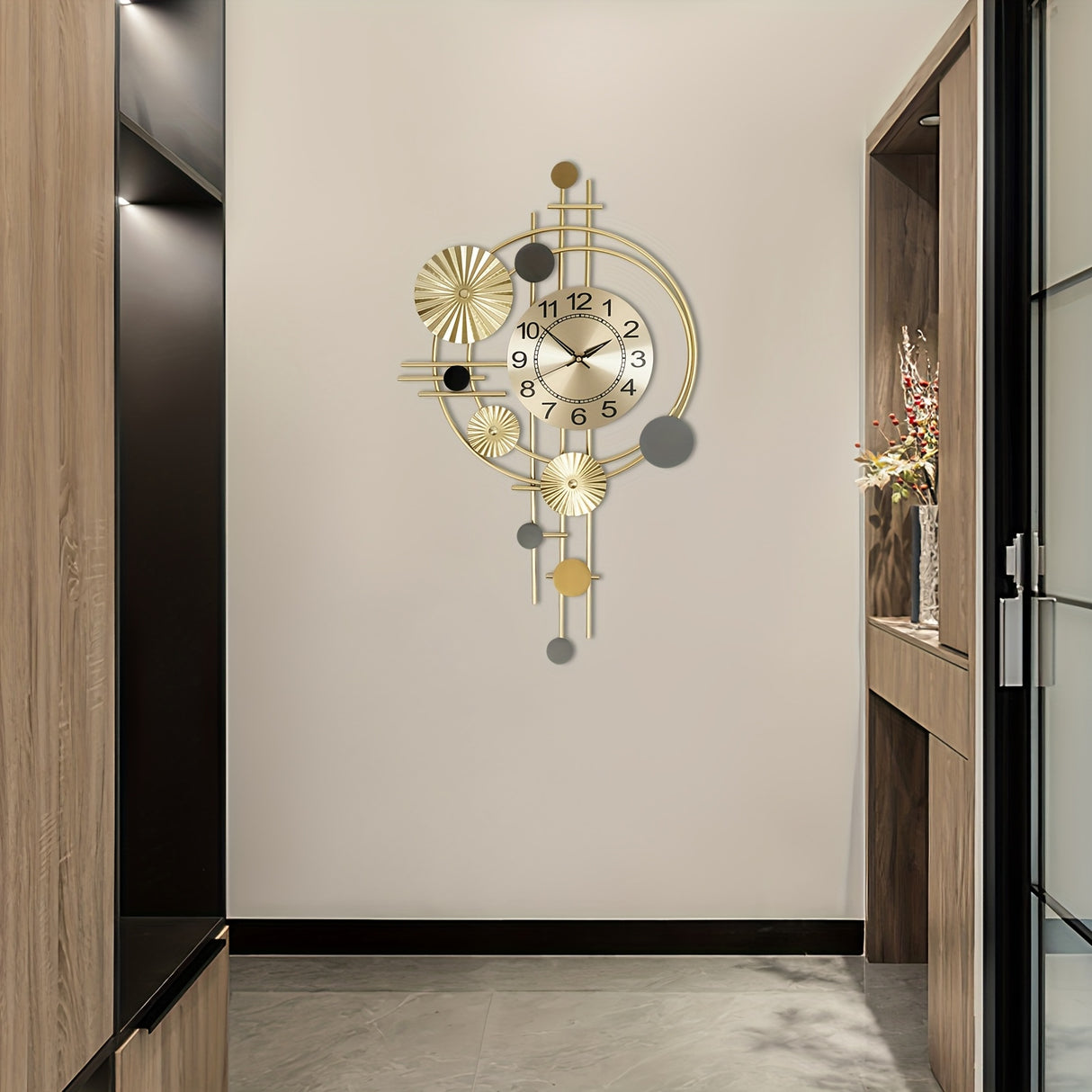 17.72x30.71 Inch Large Modern Metal Wall Clock - Golden/Black/Gray/Beige/Green/Golden Roman Numeral, Silent Sweep Movement, Chime (No Ticking) - Luxury Round Clock for Living Room, Bedroom, Office - Easy Install, Ideal