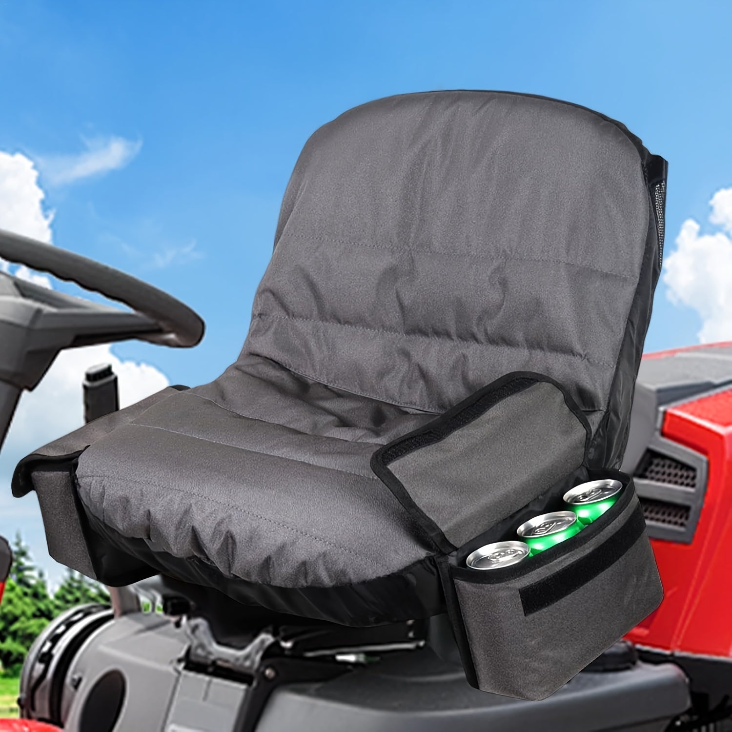 Lawn Mower Seat Cushion with Adjustable Straps and Storage Pockets, Oxford Fabric, Universal Fit