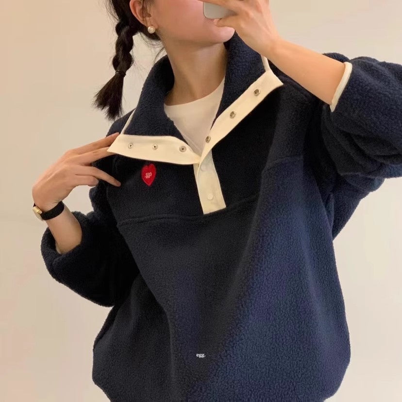 Cozy Half-Zip Embroidered Heart Lamb Wool Sweatshirt