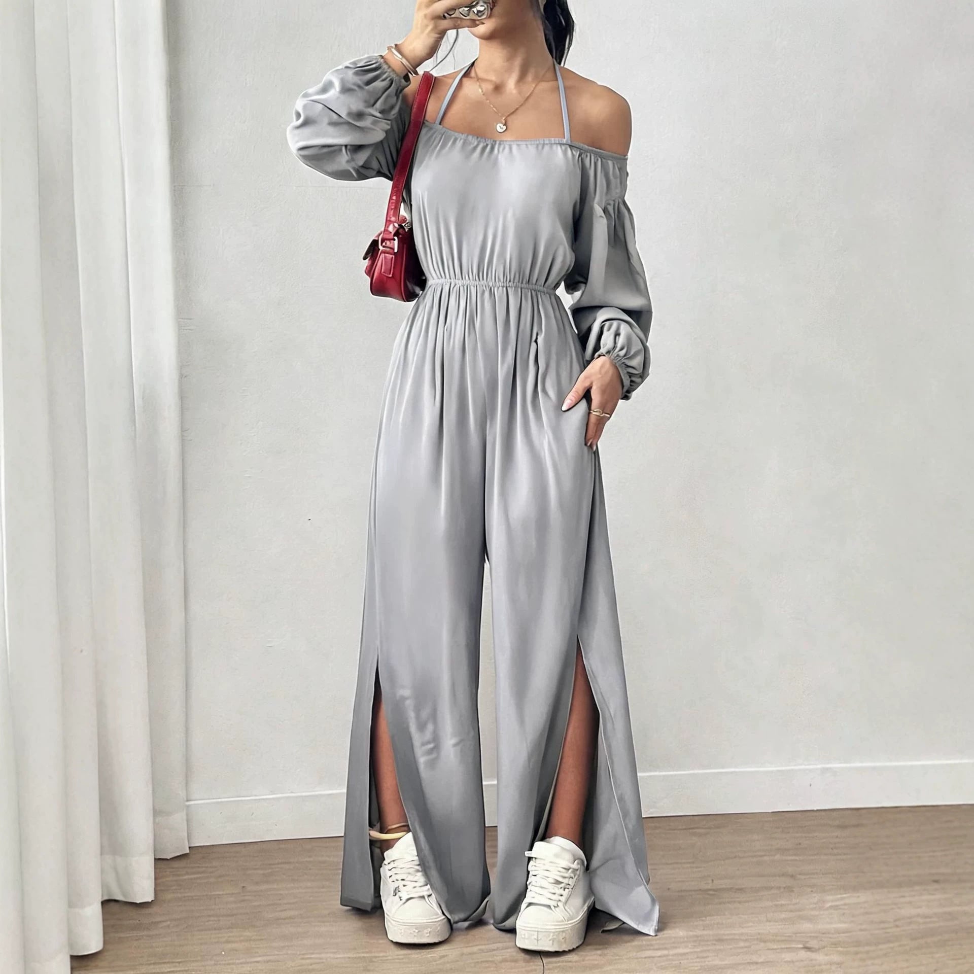 Women's Casual Strapless Slit Wide-Leg Jumpsuit