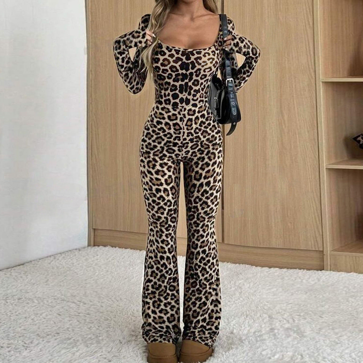 Leopard Print Square Collar Slim-Fit Jumpsuit