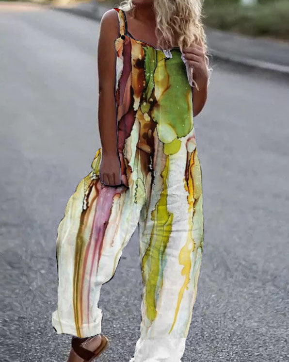 Printed Casual Beach Jumpsuit with Suspenders