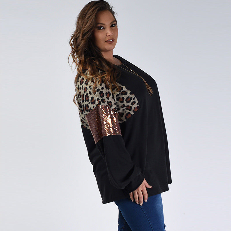 Leopard Print Long Sleeve Sequin Pullover Sweatshirt