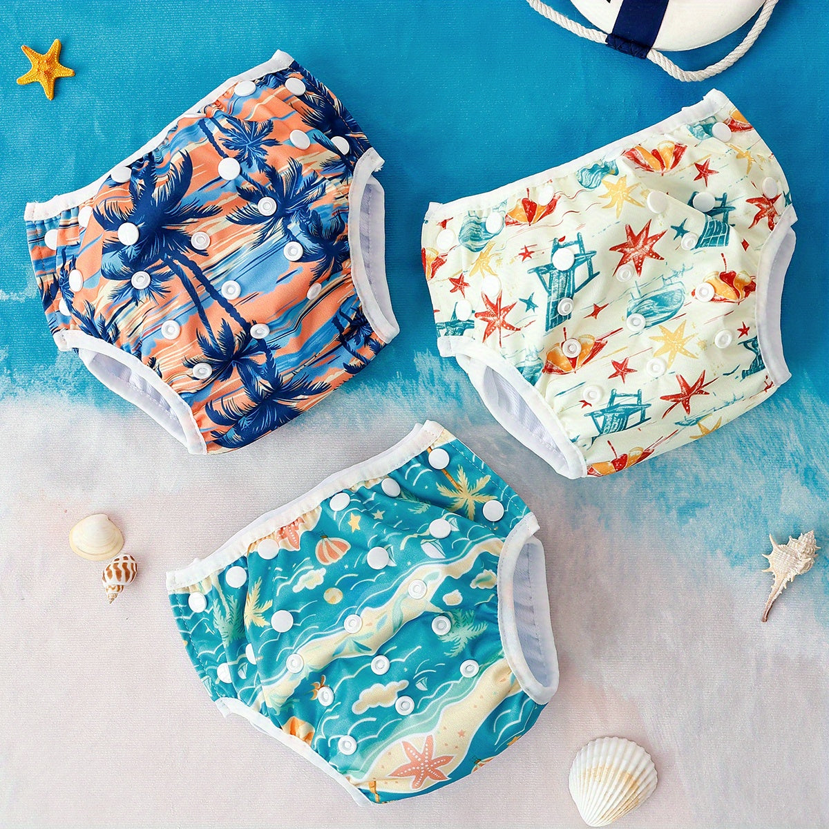 3-Piece Whimsical Swim Diaper Set with Starfish, Fish, and Bubble Patterns