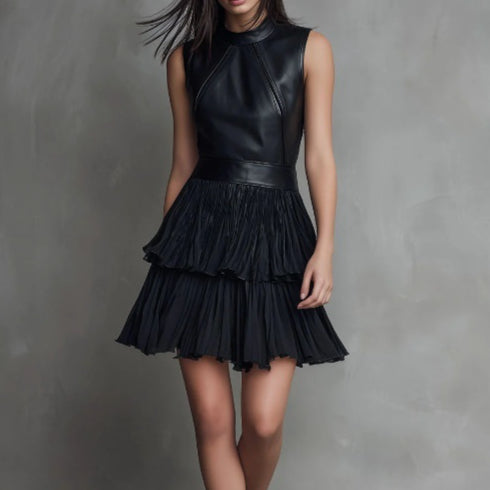 Womens Fashionable Leather Double-layer Dress