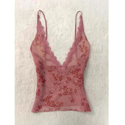 Red Lace Strap Floral Top Women's Vest
