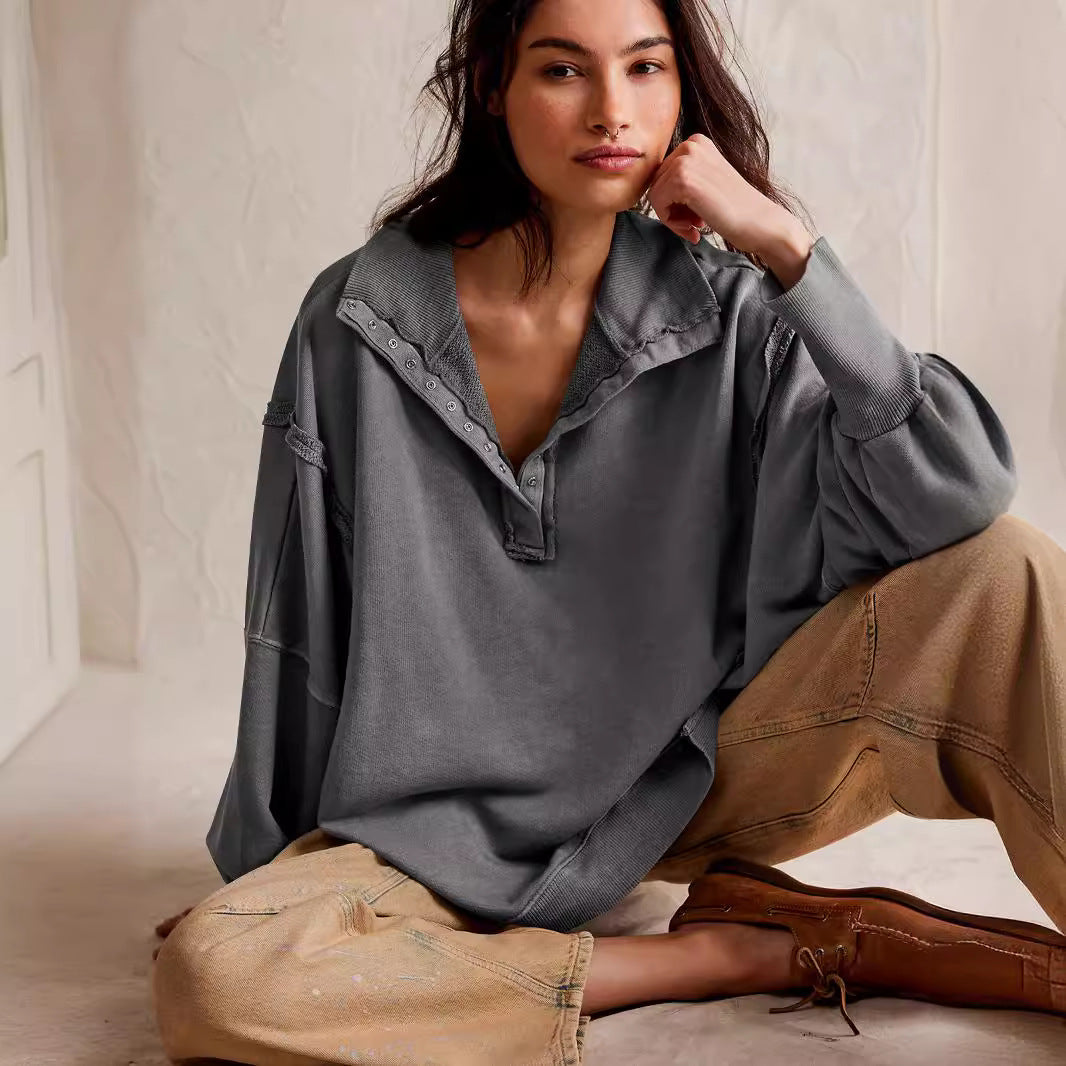 Chic Lantern Sleeve Split Lapel Pullover Sweater