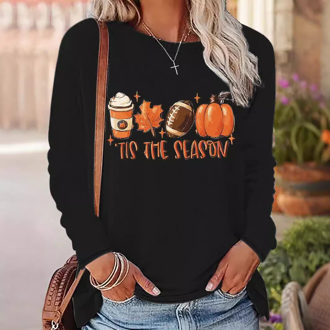 Printed Long‑Sleeve Sporty Pullover Top – Black