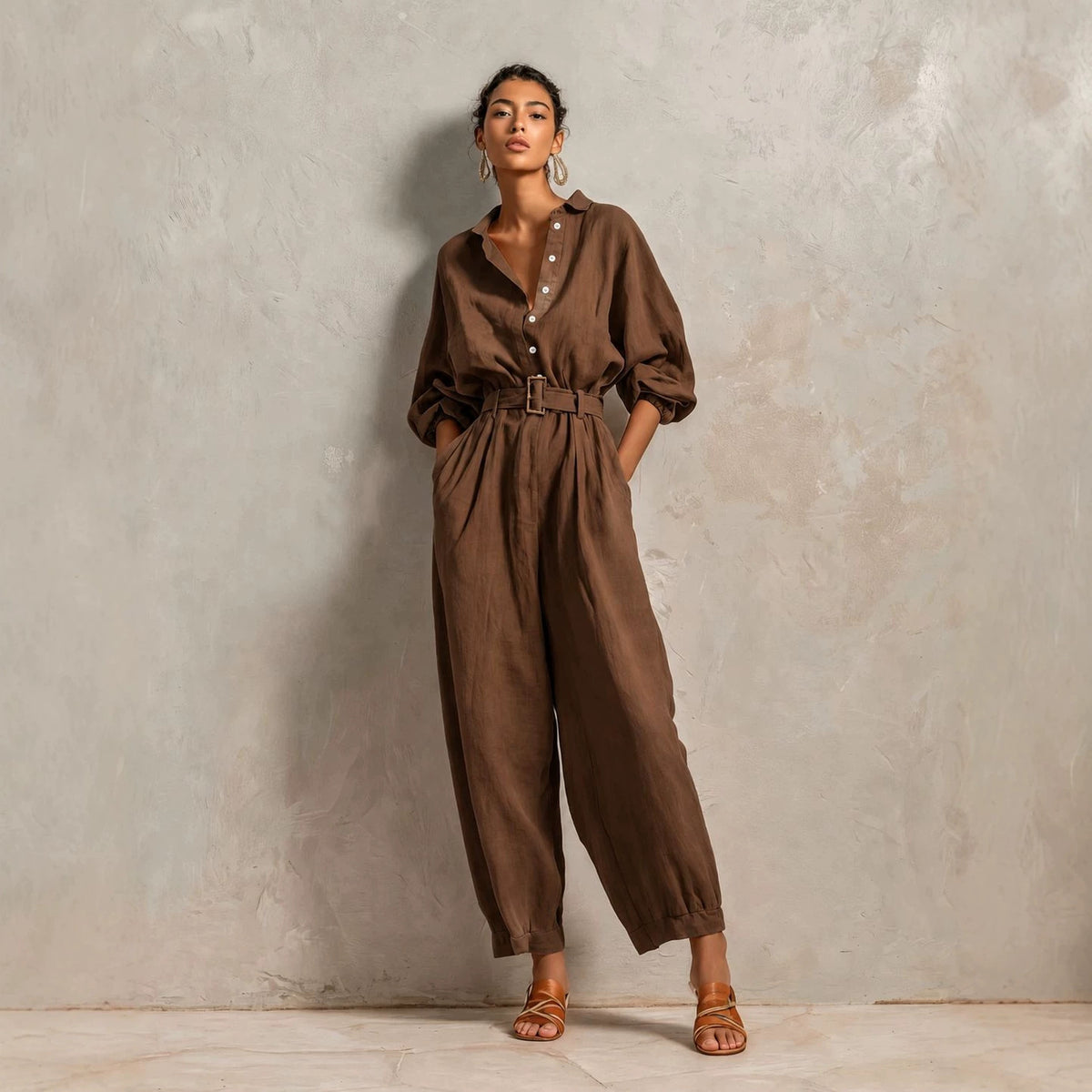 Womens Blended Casual Long-sleeve Jumpsuit