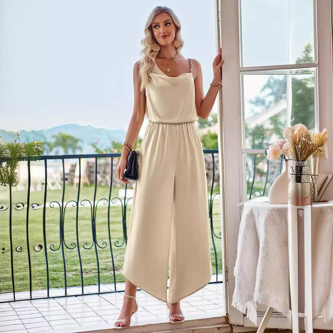 Solid Color Suspender Wide Leg Casual Jumpsuit