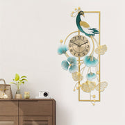 Elegant Golden Peacock & Ginkgo Leaf Wall Clock - Modern Vertical Design with Blue & White Feathers, Golden Accents, and Roman Numerals, Perfect for Home Decor, Battery Operated (AA Battery Not Included), Wall Clock Living Room